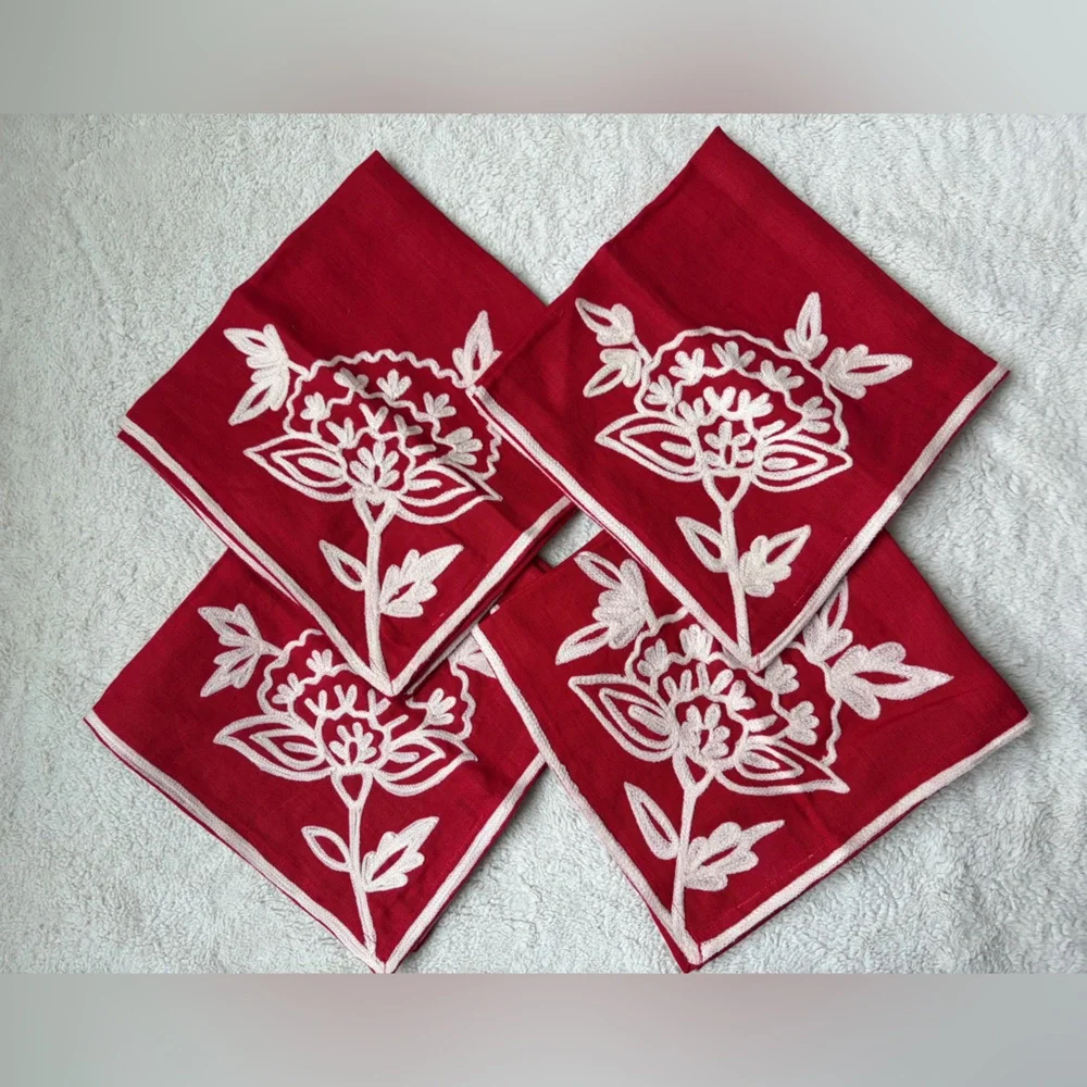 Williams Sonoma Red Linen Napkins with Off-White Embroidery Set of 4